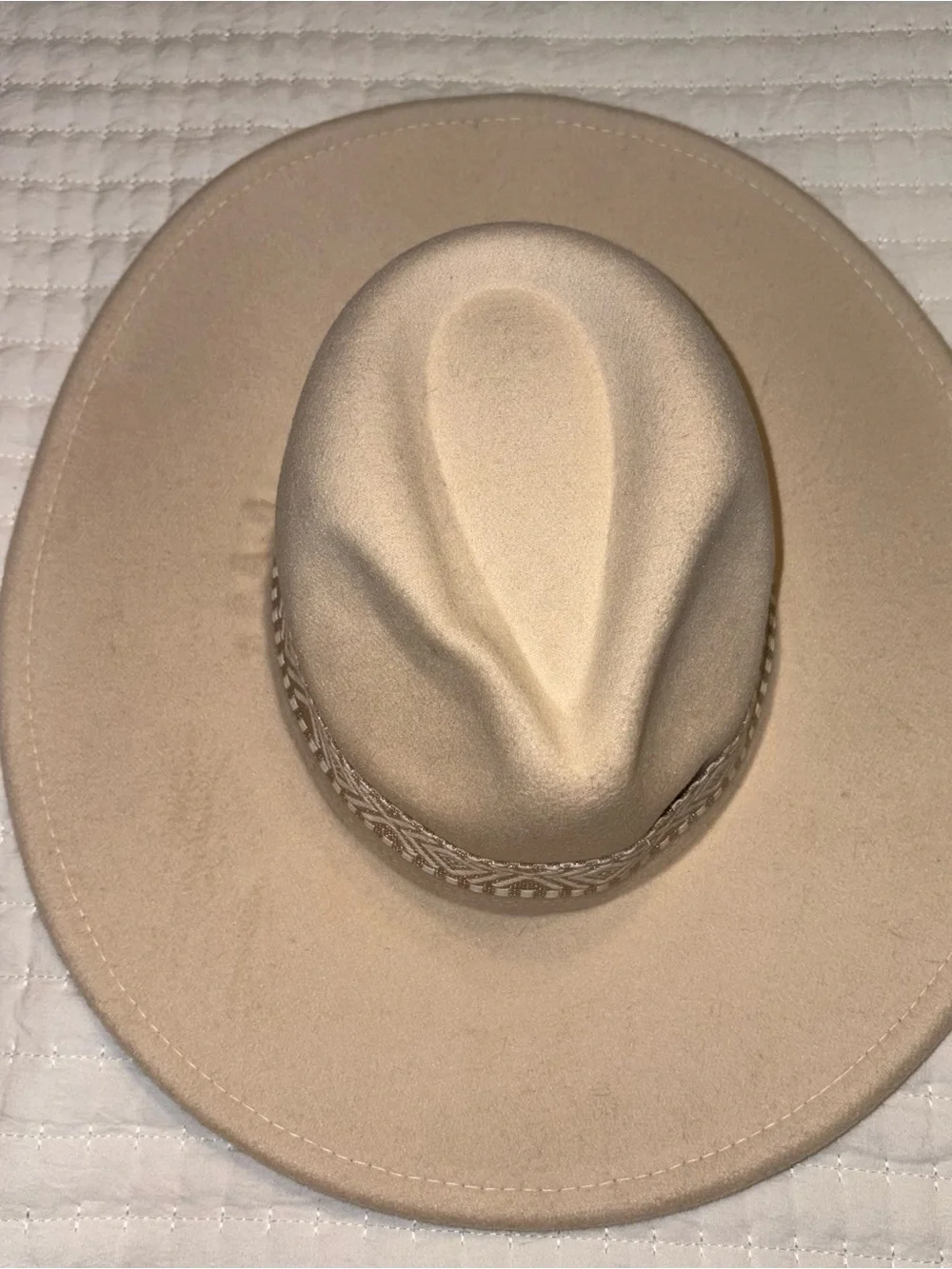 Beige Wide Brim Fedora Hat with Geometric Band